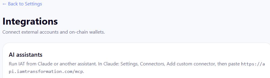 Integrations page showing the AI assistants heading and IAT connector setup instructions without connected-account details or credentials.