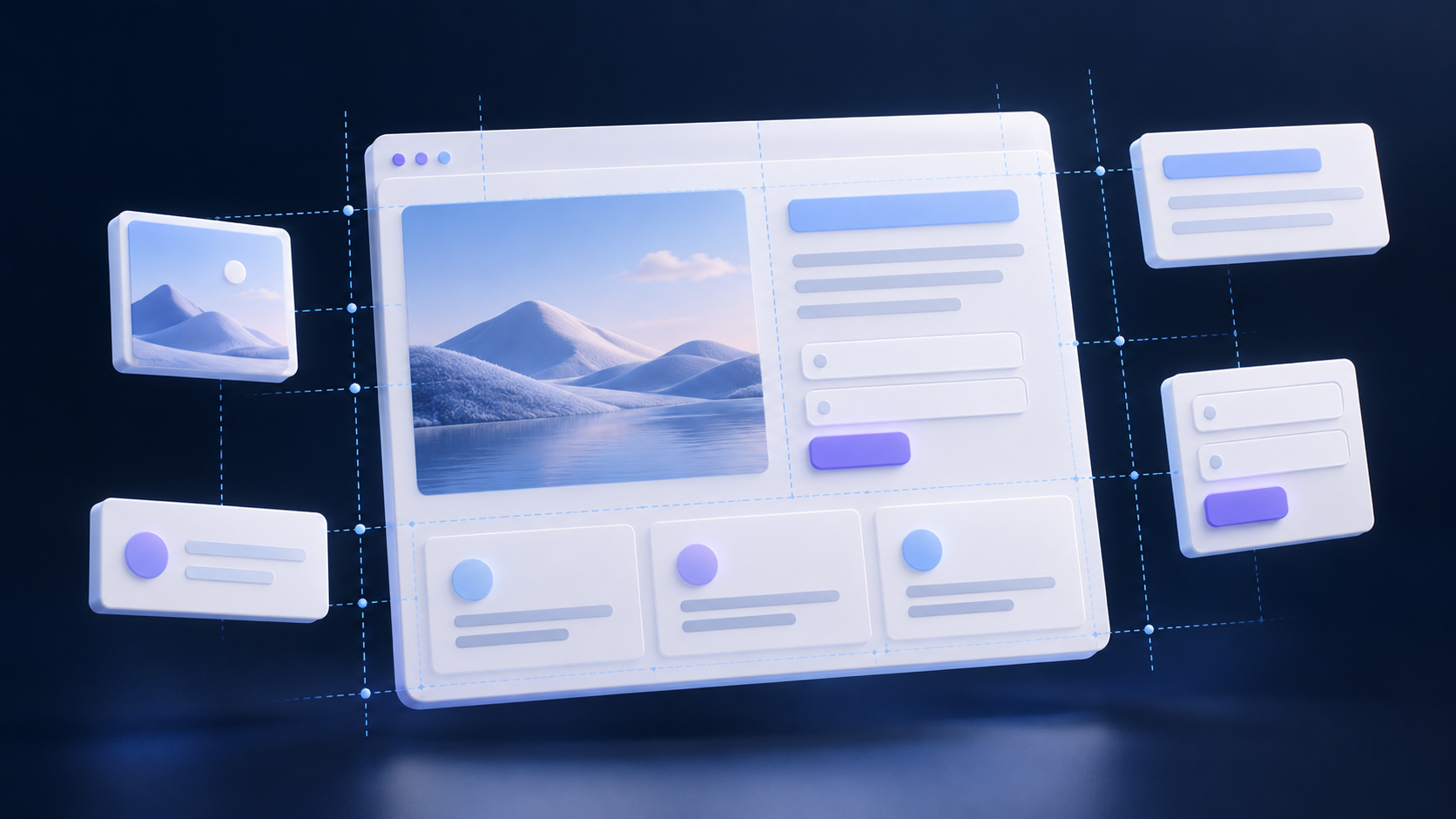 Conceptual page layout with aligned content blocks, form fields and blue layout guides