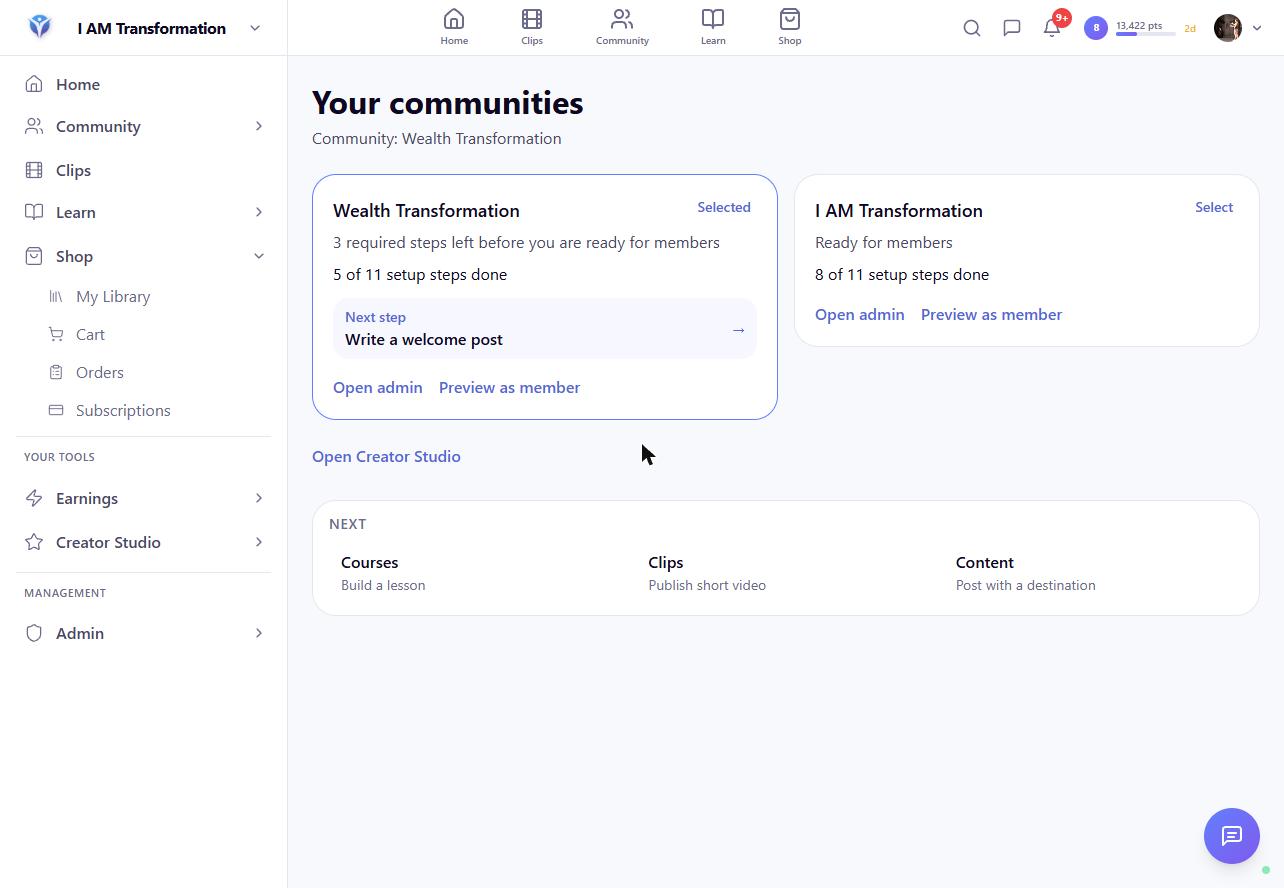 Your communities: each card shows setup progress and the next step