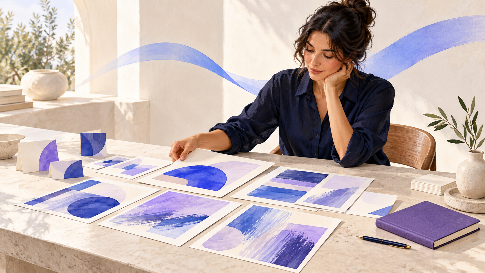 A creator arranges violet and blue artwork on a spacious desk in a calm ivory studio.
