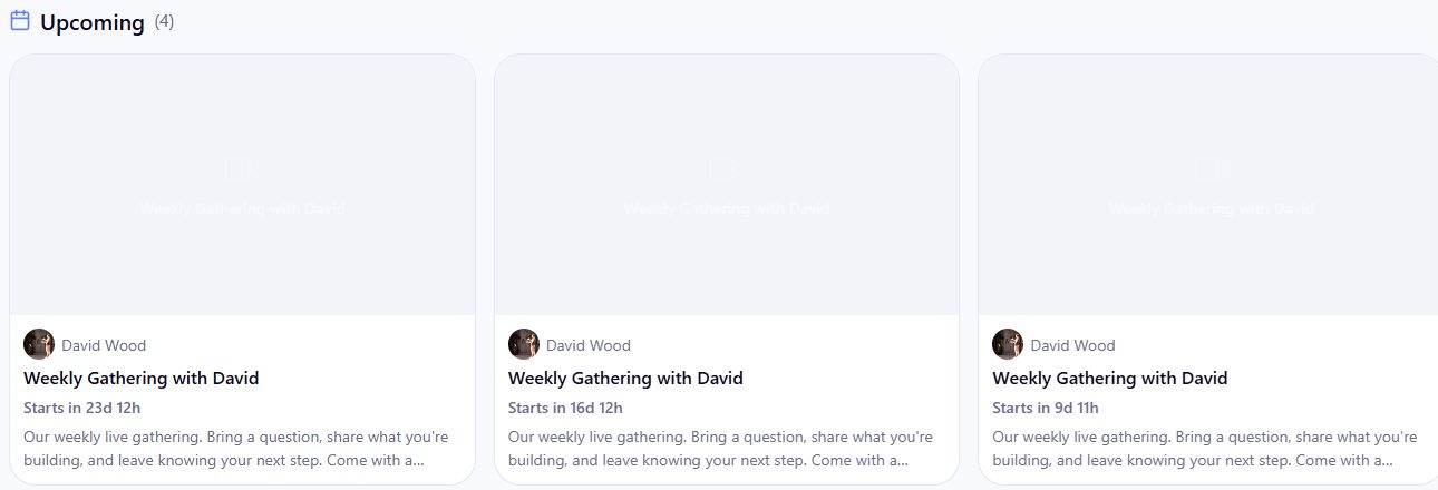 Live page Upcoming section with Weekly Gathering with David event cards.