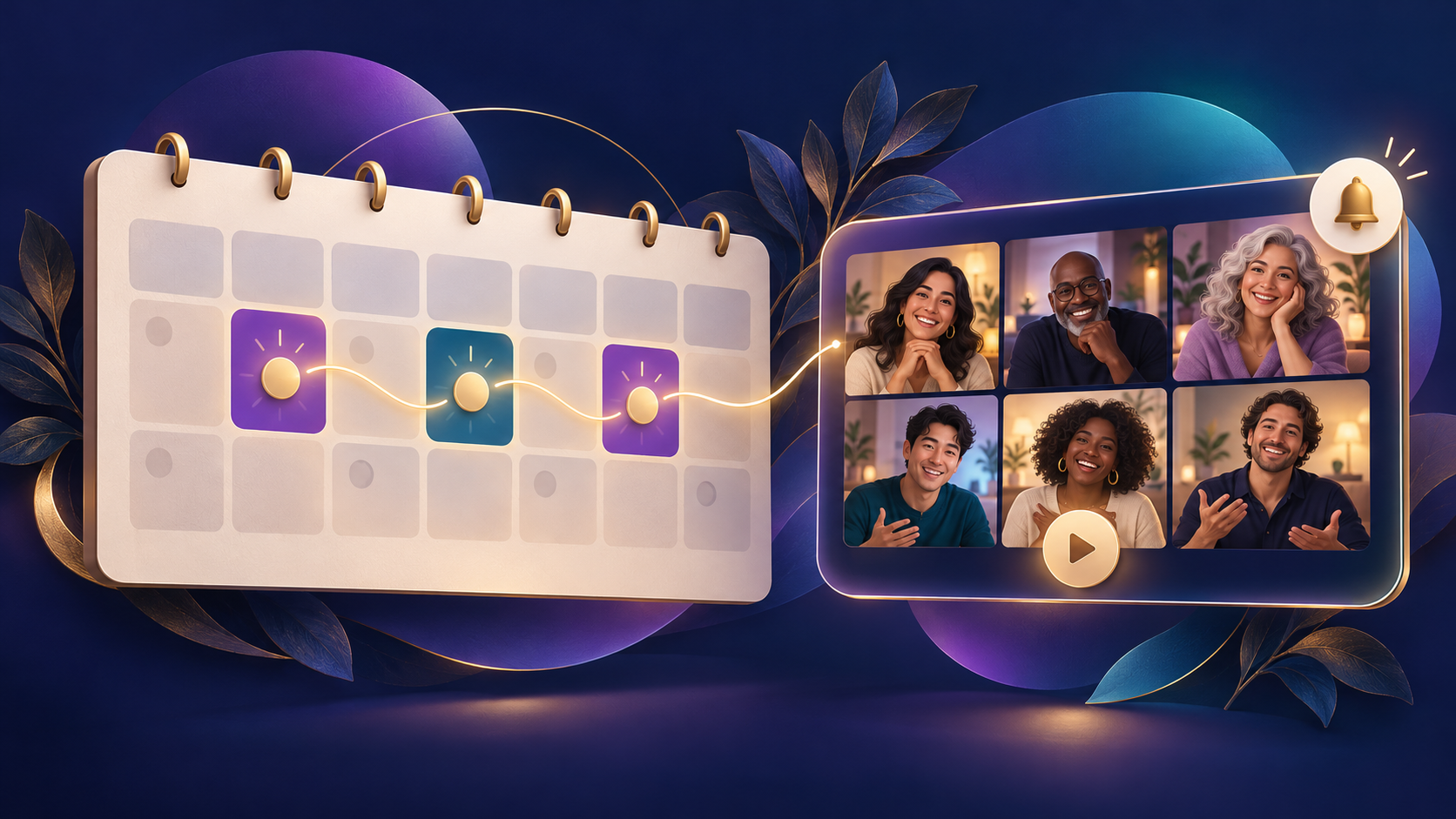 Conceptual illustration of recurring calendar sessions connected to a welcoming community video gathering; fictional people.