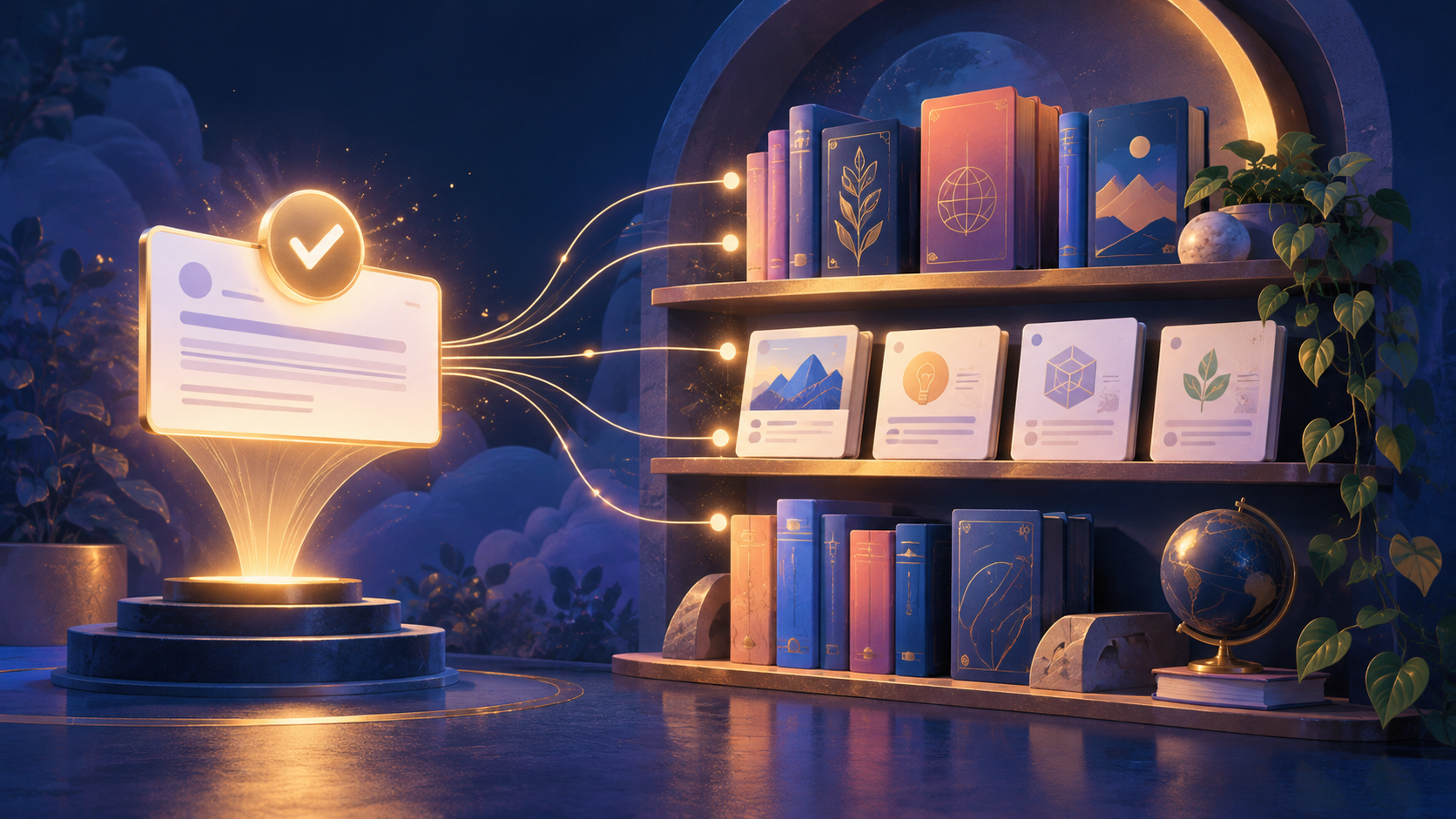 Conceptual illustration of an accepted answer card connected by glowing lines to a shelf of books and curated resource cards.